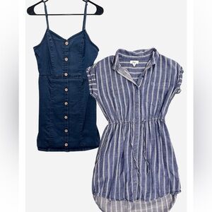 Button-Front Dark Denim Mini Dress & Blue Striped Shirt Dress Set